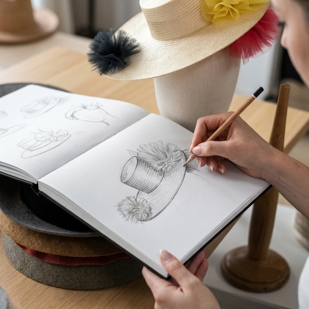 Croquis de chapeaux au crayon dans un carnet, devant un mod&egrave;le en paille et des c&ocirc;nes de feutre