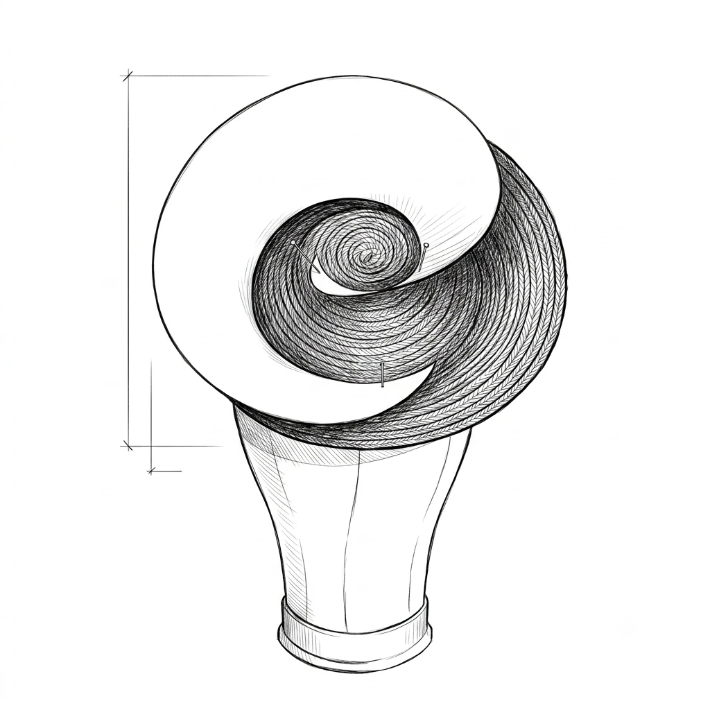Croquis technique d'une forme &agrave; chapeau au volume torsad&eacute;, cot&eacute; pour la fabrication