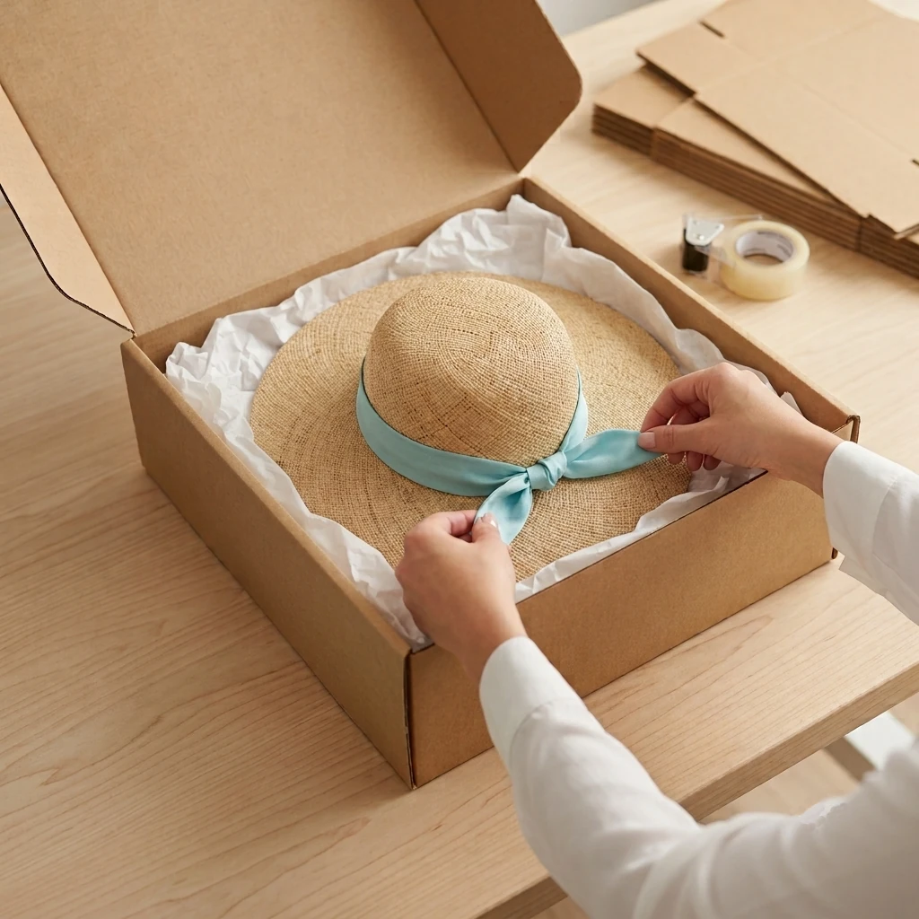 Chapeau de paille au ruban bleu emball&eacute; dans une bo&icirc;te en carton doubl&eacute;e de papier de soie, pr&ecirc;t &agrave; l'exp&eacute;dition